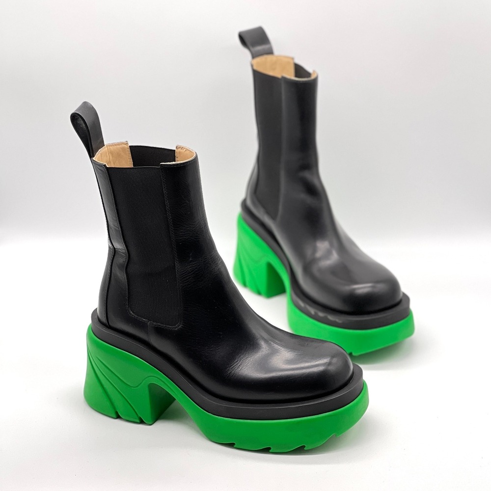 BOTTEGA VENETA The Flash Chelsea Boot 37 Black Green Calfskin Leather Chunky Fun